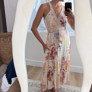 Sleeveless Cream Floral Maxi Dress with Crochet Trim